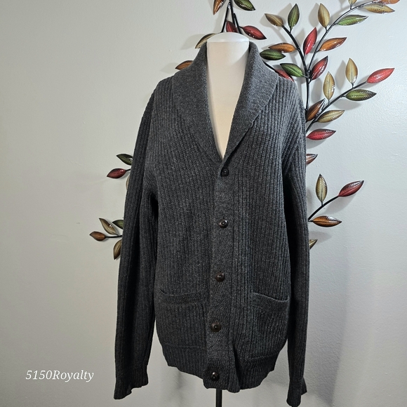 VTG RARE Ralph Lauren Rugby Gray Cardigan Men Size L Shetland Wool Elbow Patches - Picture 6 of 16